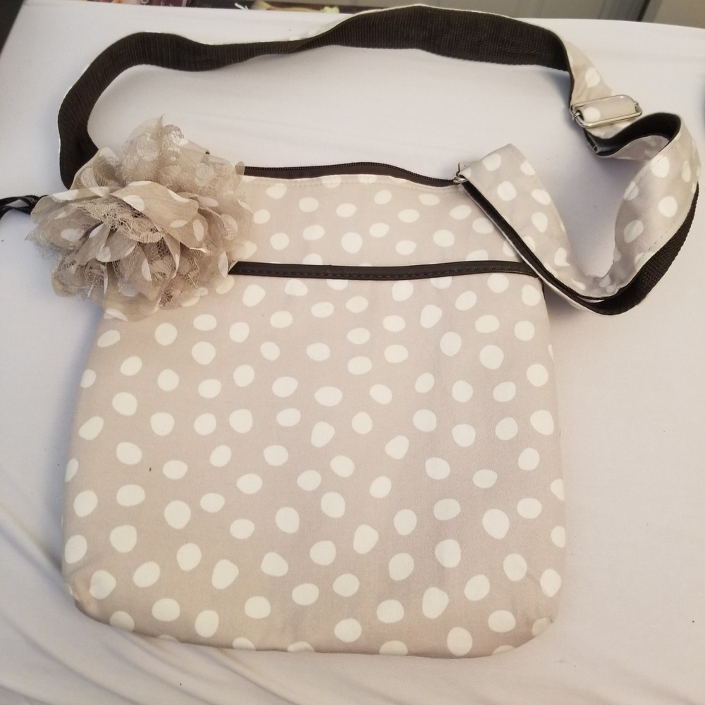 Thirty one Tan Polka Dot Crossbody Bag with Lace Flower Accent Adjustable Strap